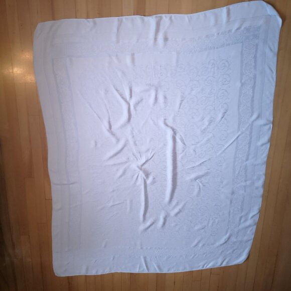 VTG Linen Damask Lt Blue Reversable Tablecloth w/ Floral & Scroll Design 62"x50" - Picture 2 of 5